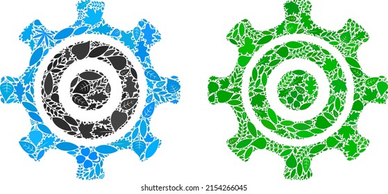 Eco cogwheel icon composition of floral leaves in green and natural color shades. Ecological environment vector template for cogwheel icon. Cogwheel vector image is formed of green floral elements.