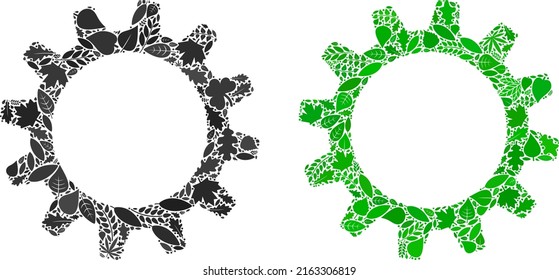 Eco cogwheel icon composition of herbal leaves in green and natural color tones. Ecological environment vector concept for cogwheel icon. Cogwheel vector image is formed of green herbal items.