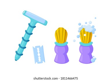 Eco collection for shaving. Stainless steel razor, blade and shaving brush with foam. Isolated vector illustration in cartoon style