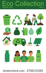 Conjunto de pegatinas de colección ecológica con íconos ecológicos, símbolos de reciclaje, artículos de cero residuos y Elementos de estilo de vida verde. Perfecto para proyectos ambientales y materiales educativos.