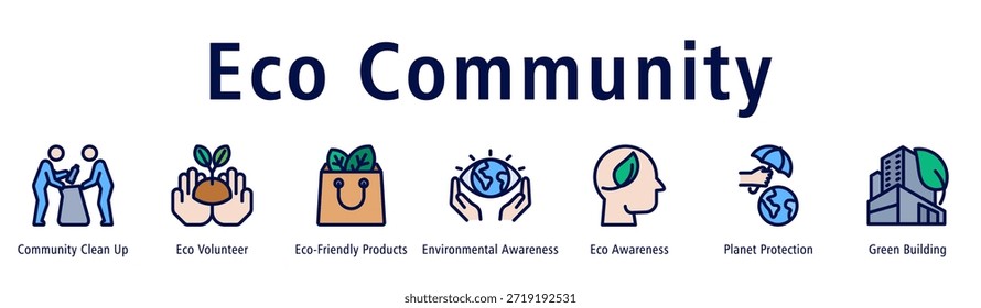 Ilustración vectorial de íconos de Anuncio de Web comunitario ecológico con íconos de limpieza comunitaria, Eco Volunteer, Productos ecológicos, conciencia ambiental, conciencia ecológica, protección del planeta y construcción verde