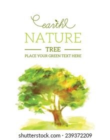 Eco composition with green watercolor tree. Vector illustration
