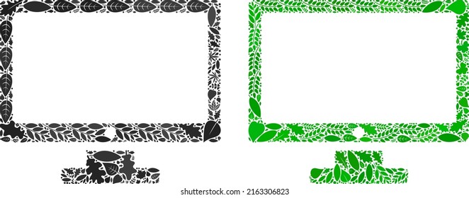 Eco computer display icon collage of floral leaves in green and natural color tints. Ecological environment vector template for computer display icon.