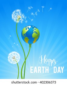 Eco concept card with globe as a flower for design banner,ticket, leaflet and so on.Template page for Earth day. Holiday card. Green globe and dandelions .