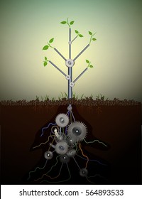 Eco concept, eco energy engine idea, mechanic tree growing on soil, artificial plant growing, robot plant development, ecology machine concept