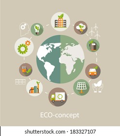 Eco concept. Globe with earth, nature, green,  recycling, bicycle, car and home icon. Vector illustration 