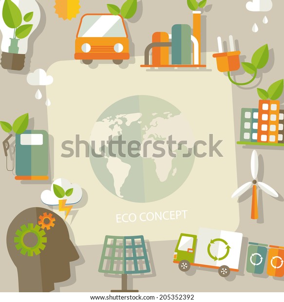 Eco concept. Globe with earth, nature, green, recycling,\
bicycle, car and home icon and space for text . Vector illustration\
