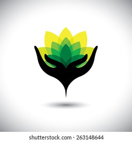 eco concept graphic of girls hand with fresh vibrant leaves - vector icons. This also represents beauty business, rejuvenation & healing spas, luxury resorts, alternative therapy, nature conservation