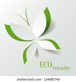 Eco concept - green butterfly cut the paper like leaves - abstract background