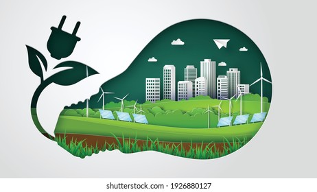 
Eco concept with green energy and green city, windmill , solar cell .paper cut vector illustration 