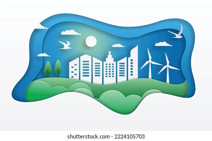 Eco concept with green energy and green city, windmill , solar cell .paper cut vector illustration