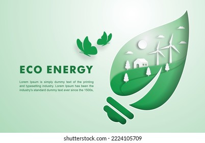 Eco concept with green energy and green city, windmill , solar cell .paper cut vector illustration