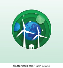 Eco concept with green energy and green city, windmill , solar cell .paper cut vector illustration