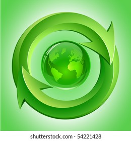 Concepto Ecológico. Globe verde y flechas sobre fondo verde.