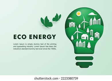 Eco concept and green power in green city. paper cut vector illustration