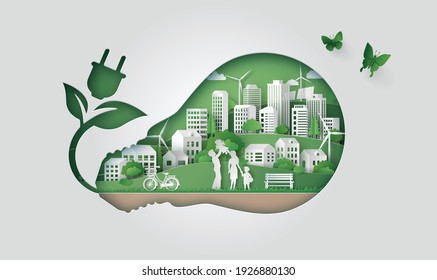 Eco concept and green power with happy family in green city .paper cut vector illustration 