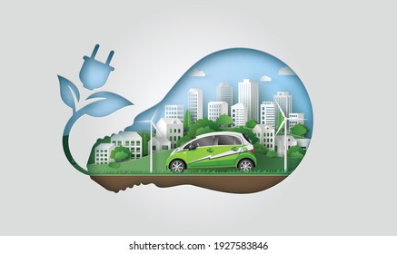 Eco Concept And Green Power With Happy Family In Green City .paper Cut Vector Illustration 