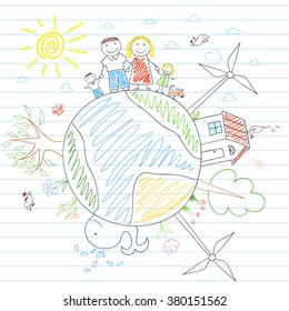 Eco concept. Happy family - mom, dad and two children on Earth. Sketch on notebook page