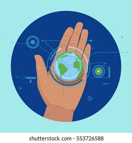Eco concept. High technology. Futuristic green earth on human palm. Flat vector stock illustration