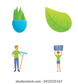 Eco concept icons set cartoon vector. Man with eco sign and rake near green leaf. Ecology, environmental protection