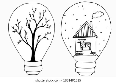 Concepto ecológico: Una bombilla con un árbol y una casa dentro. Ilustración vectorial. Establecer