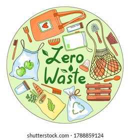 Eco concept of logo or template with text zero waste in center and different everyday goods from recycling materials in circle form. Protection ecological concept, use less plastic, reusable goods