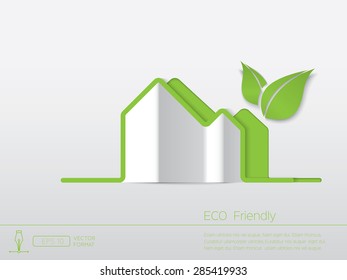 ECO Concept - Paper cut like minimal house and green leafs on white background - Vector format