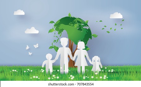 Eco concept of paper family on the grass field with world tree, paper art and craft style.