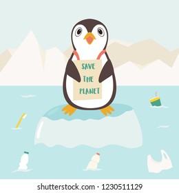 Eco concept poster with cute penguin holding the banner SAVE THE PLANET. Environmental poster. Stop ocean pollution