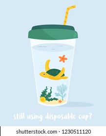 Eco concept poster with marine turtle in coffee cup. Environment protection. Stop ocean pollution.