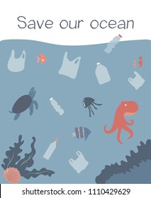 Eco concept poster with polluted ocean and marine habitants