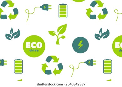 Eco concept seamless pattern recycling sign, charging, electric car, charging battery background vector
