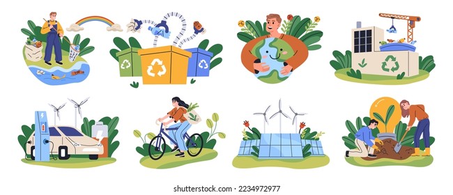 Eco concept set. Ecology friendly technologies, environmental protection, waste recycling and sorting. People care about environment, healthy lifestyle. Green sustainable activities, energy, transport