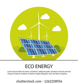 Eco Concept Solar Panels And Wind Turbines With Clouds And Trees - Vector Illustration