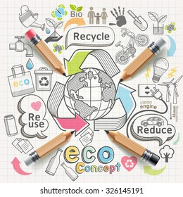 Eco concept thinking doodles icons set. Vector illustration.