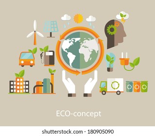 Eco concept. Tree with earth, nature, green, sun, recycling, bicycle, car and home icon. Vector illustration 