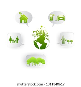 Eco concept. Tree with earth, nature, green, sun, recycling, bicycle, car and home icon. Vector illustration.