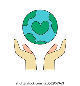 Eco Concept Vector Illustration with Globe, Hands, and Heart-Shaped Land in Editable Stoke Doodle Style