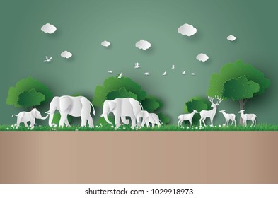 eco concept and World Wildlife Day with the elephant and deer in forest , Paper art and digital craft style.
