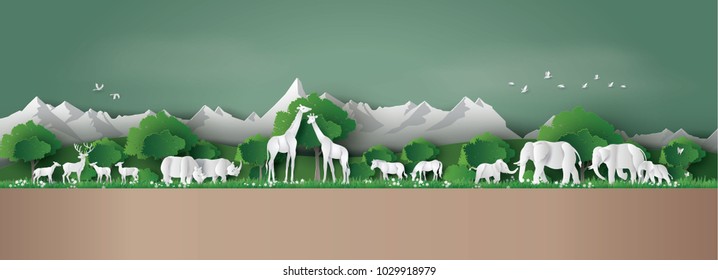 
eco concept and World Wildlife Day with the animal in forest , Paper art and digital craft style.