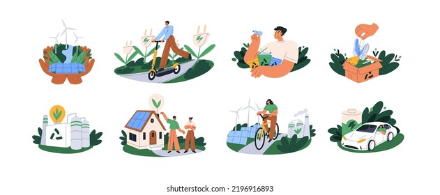 Eco Concepts Set. Environment, Ecology Friendly People Care About Environmental Sustainability. Green Sustainable Activities, Energy, Transport. Flat Vector Illustrations Isolated On White Background