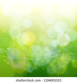 eco conceptual background - green bokeh and white structure in the form of waves from points connected by lines & triangles / illustration for eco friendly design & modern innovations / vector - eps10