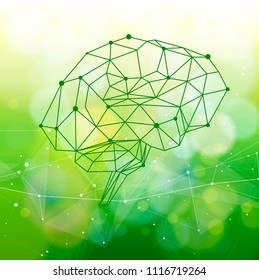 eco conceptual background - green bokeh and white structure in the form of waves from points connected by lines & triangles / illustration for eco friendly design & modern innovations / vector - eps10