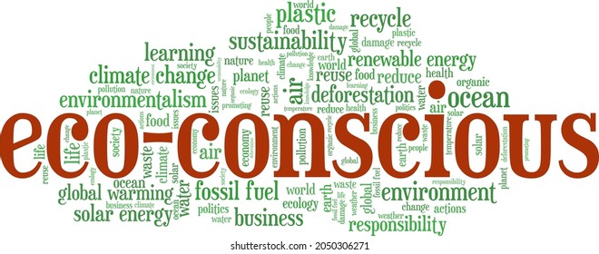 Eco conscious - environment awareness vector illustration word cloud isolated on white background.