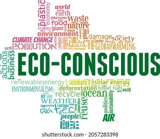 Eco conscious - environment awareness vector illustration word cloud isolated on white background.