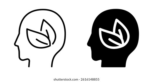 Eco conscious mind icon with leaf in head. Silhouette and line style.