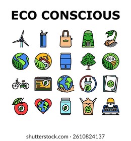 eco conscious sustainability icons set vector. green, ecofriendly, renewable, conservation organic, recycle, biodegradable carbon eco conscious sustainability color line illustrations