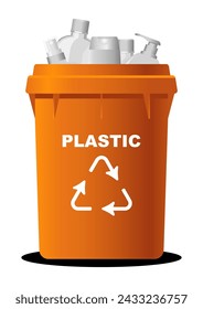 Eco consciousness image, recycle symbol orange trash bin full with plastic waste, the urgency of recycling and environmental stewardship