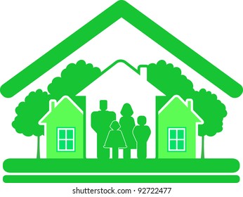 eco construction sign with green tree, house and big family silhouette