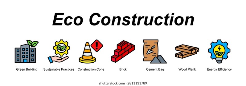Eco Construction web banner icon concept for with icon of Green Building, Sustainable Practices, Construction Cone, Brick, Cement Bag, Wood Plank, Energy Efficiency.